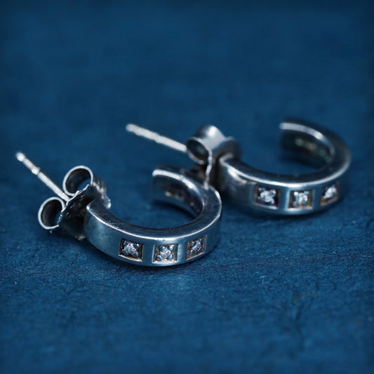 0.5”, Vintage Sterling silver earrings, 925 huggie studs with diamond inlay