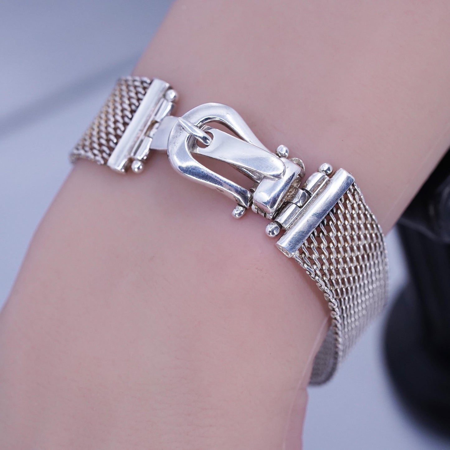 7”, Vintage Italian Sterling 925 silver handmade belt bracelet, mesh chain