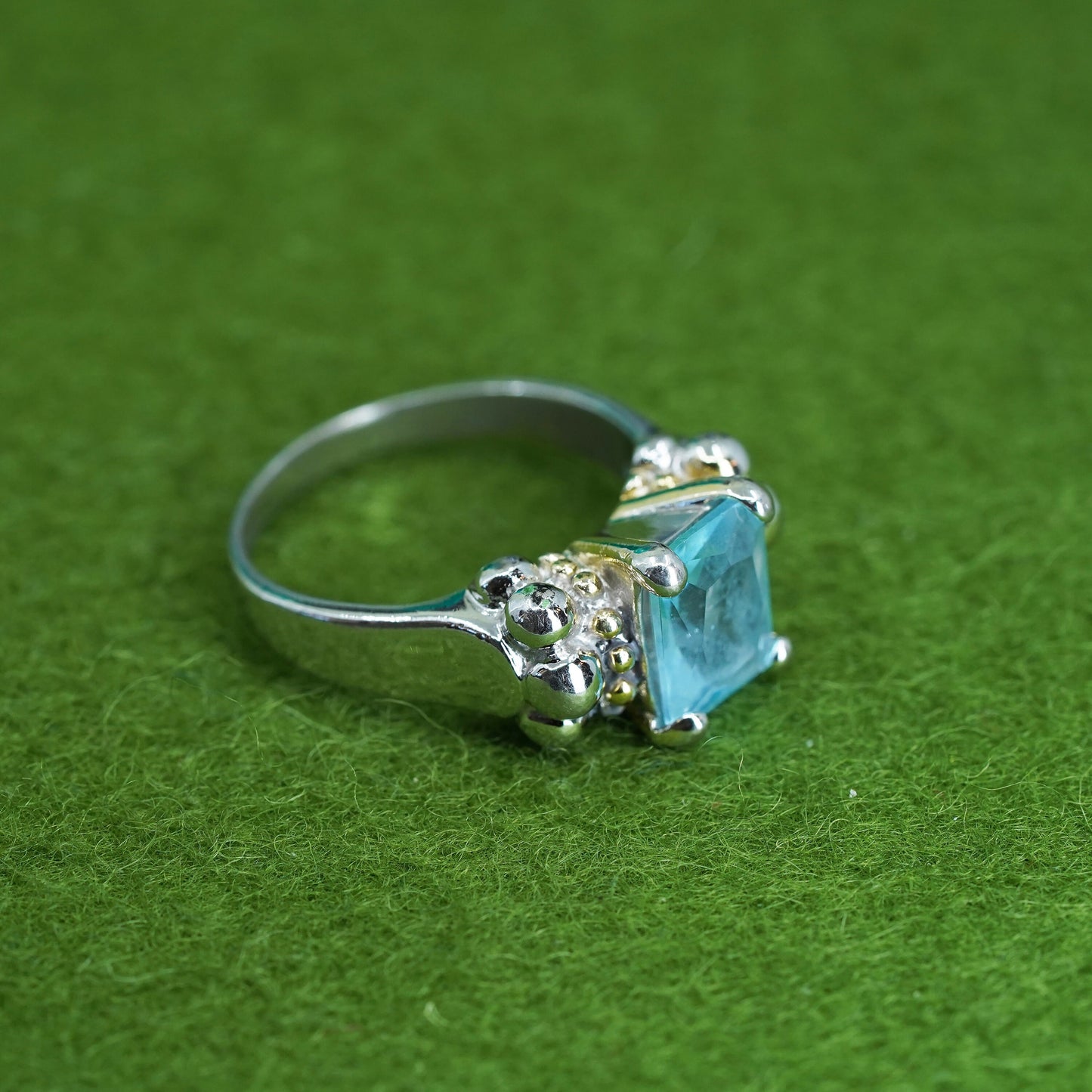 Size 7, two tone Sterling silver ring, 925 band topaz and 14K yellow gold beads