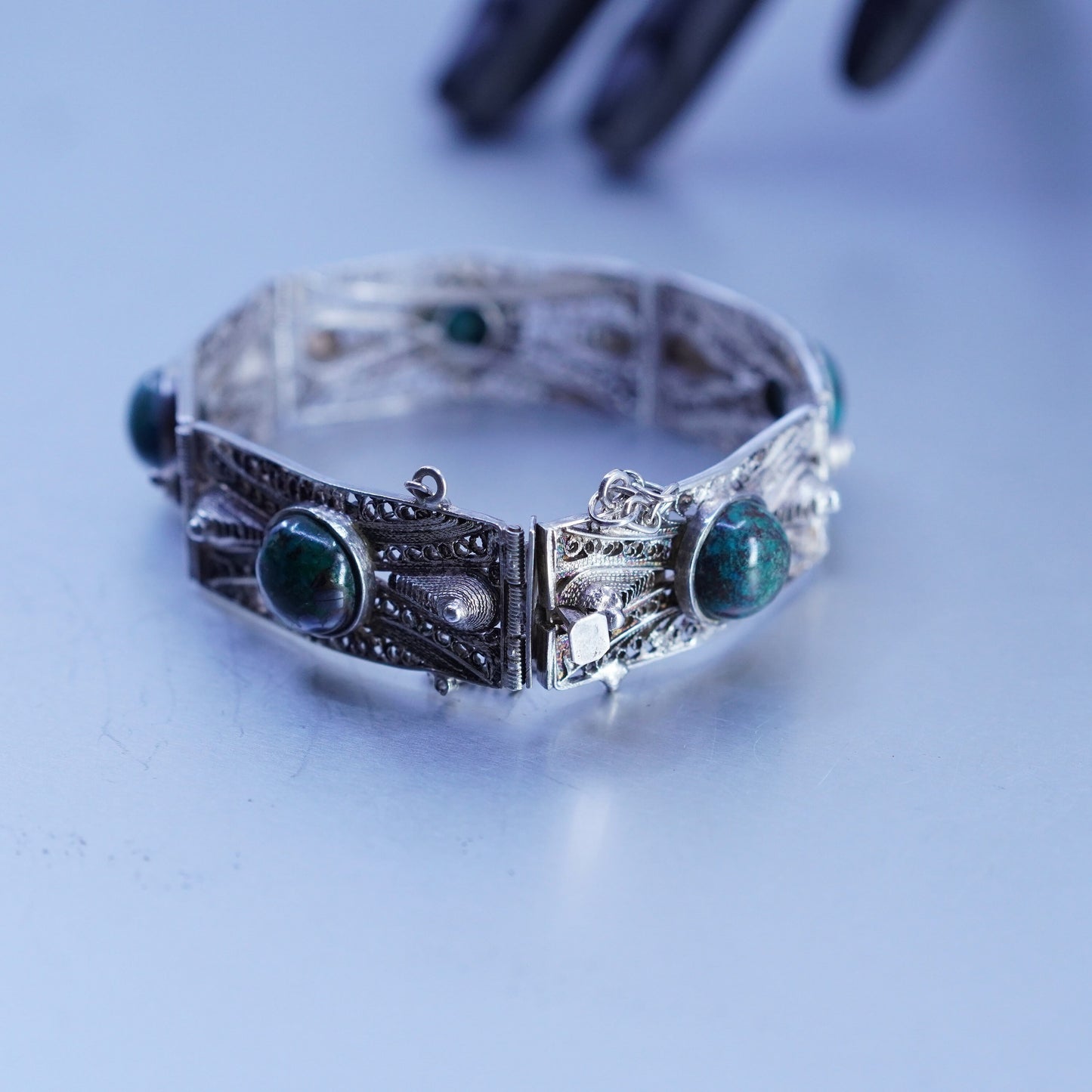 7”, Sterling 925 silver handmade bracelet, filigree rectangular link turquoise
