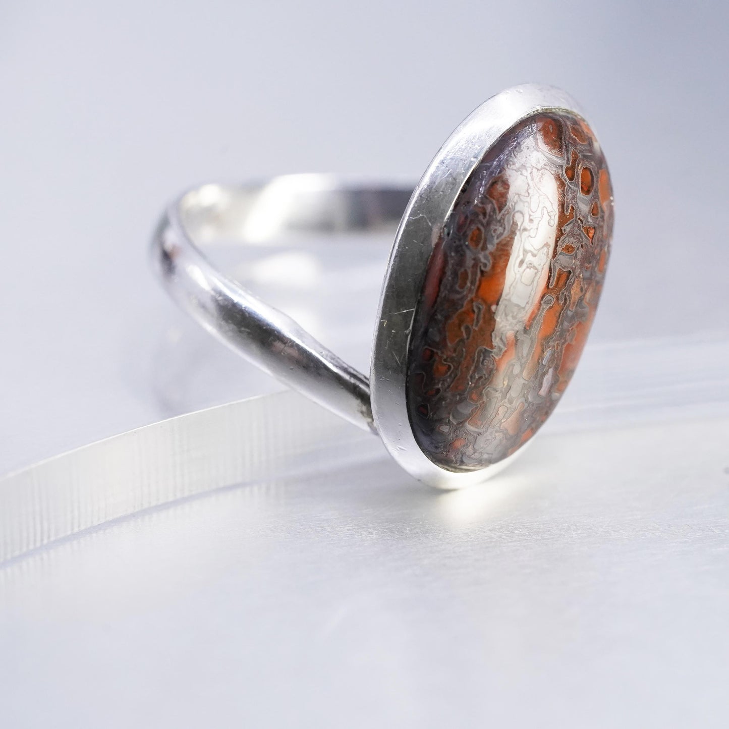 Size 9, VTG Sterling 925 silver statement ring w/ oval fossils Dinosaur Bone
