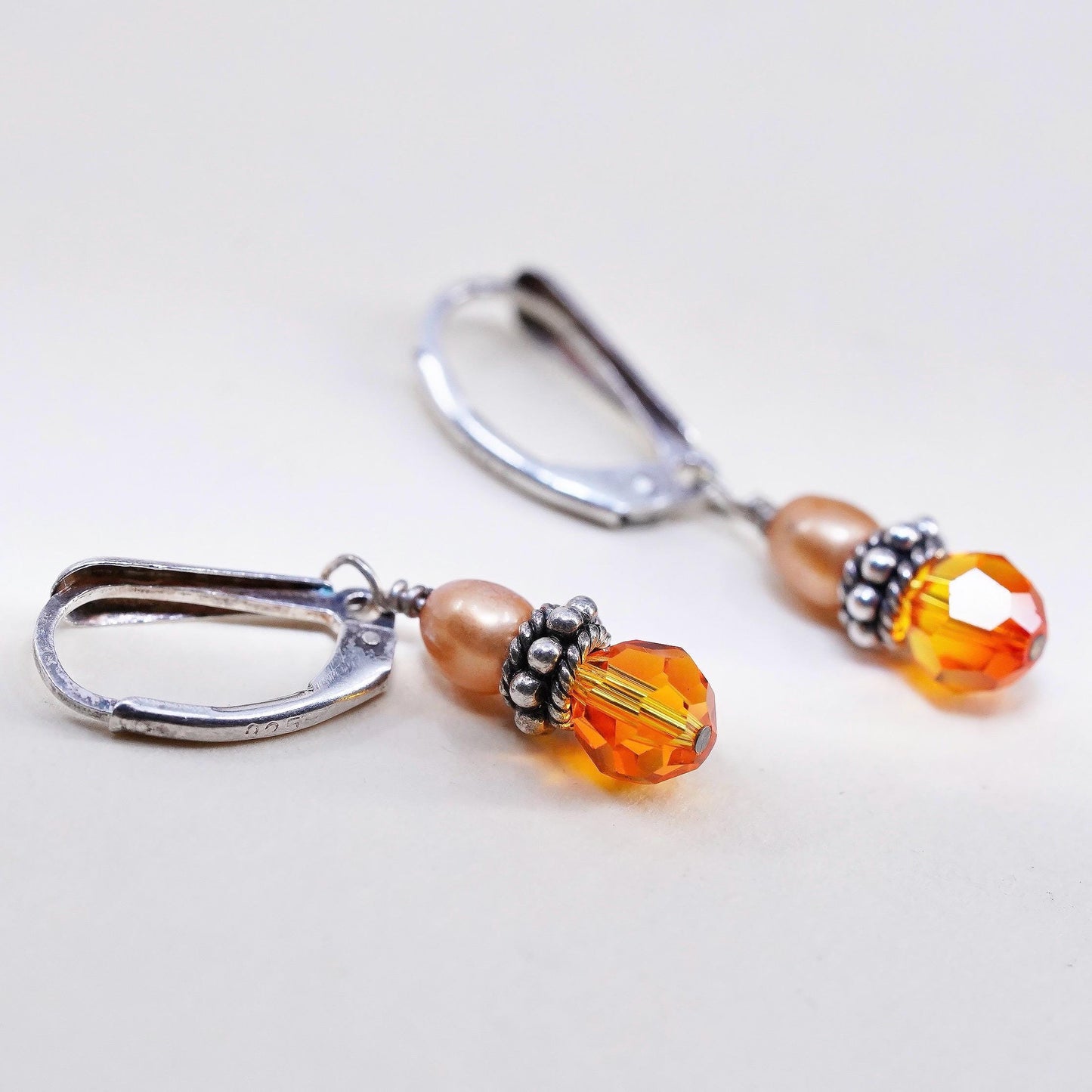 Vintage 925 Sterling silver earrings with orange pearl crystal drops Leverback