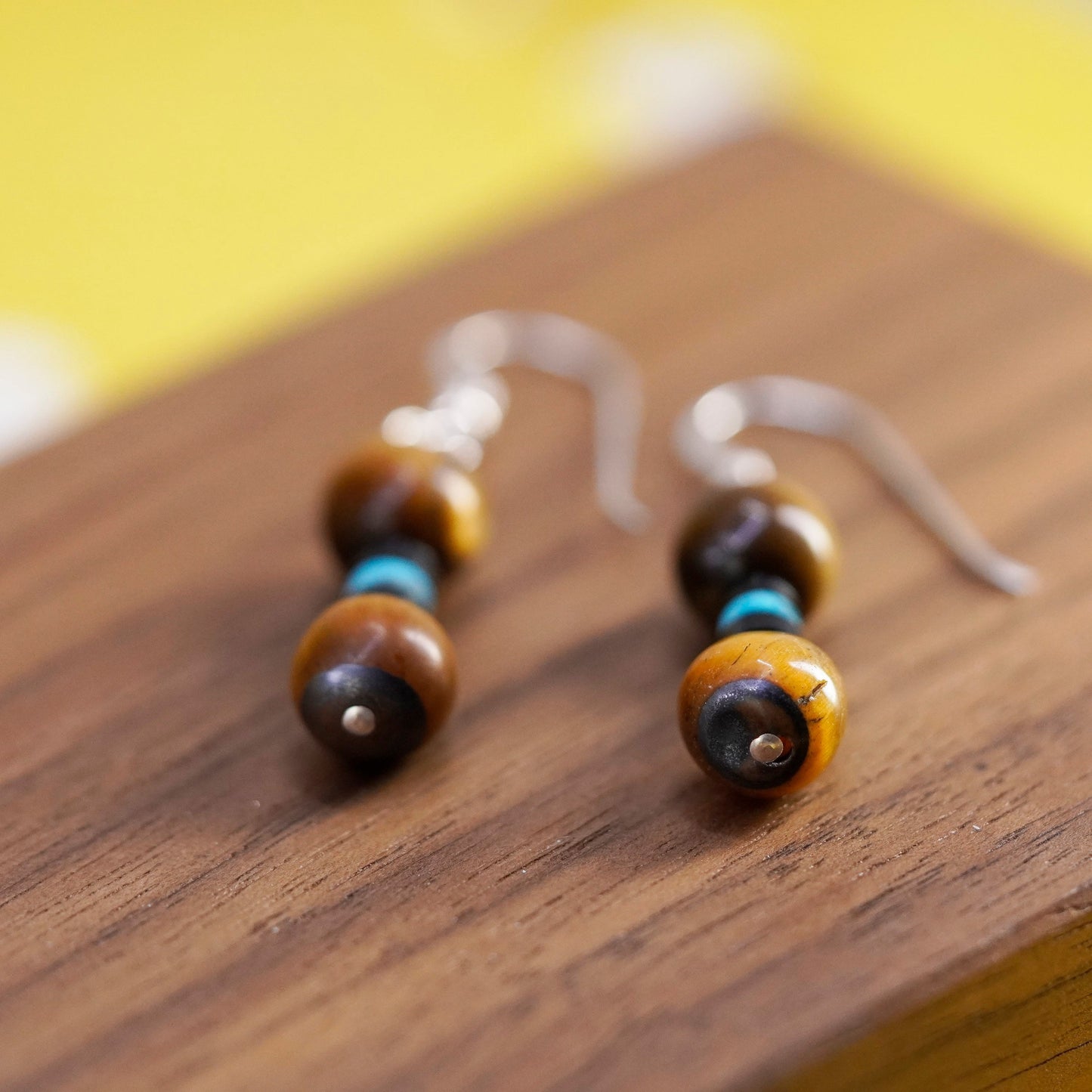 Vintage Sterling 925 silver handmade earrings with golden tiger eye beads