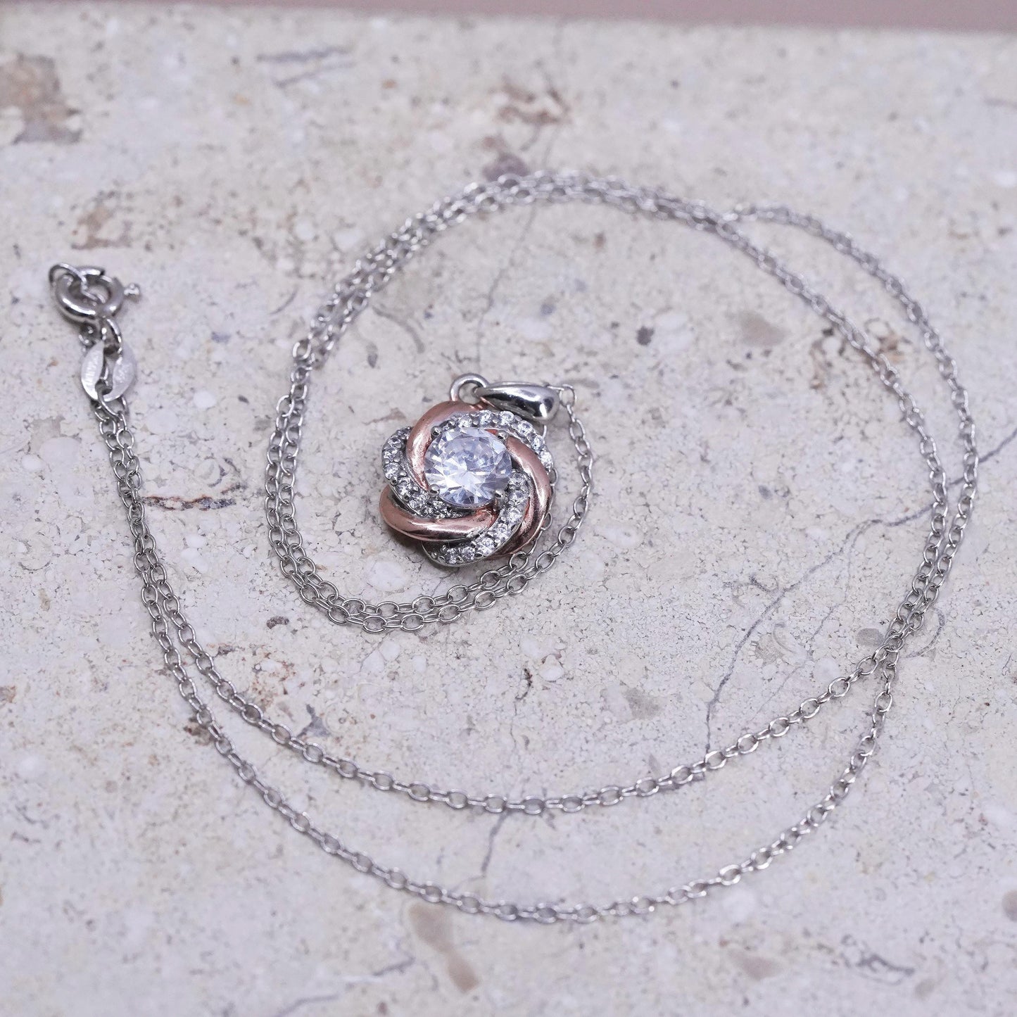 18”, vintage Sterling silver handmade necklace, 925 circle chain w/ cz pendant
