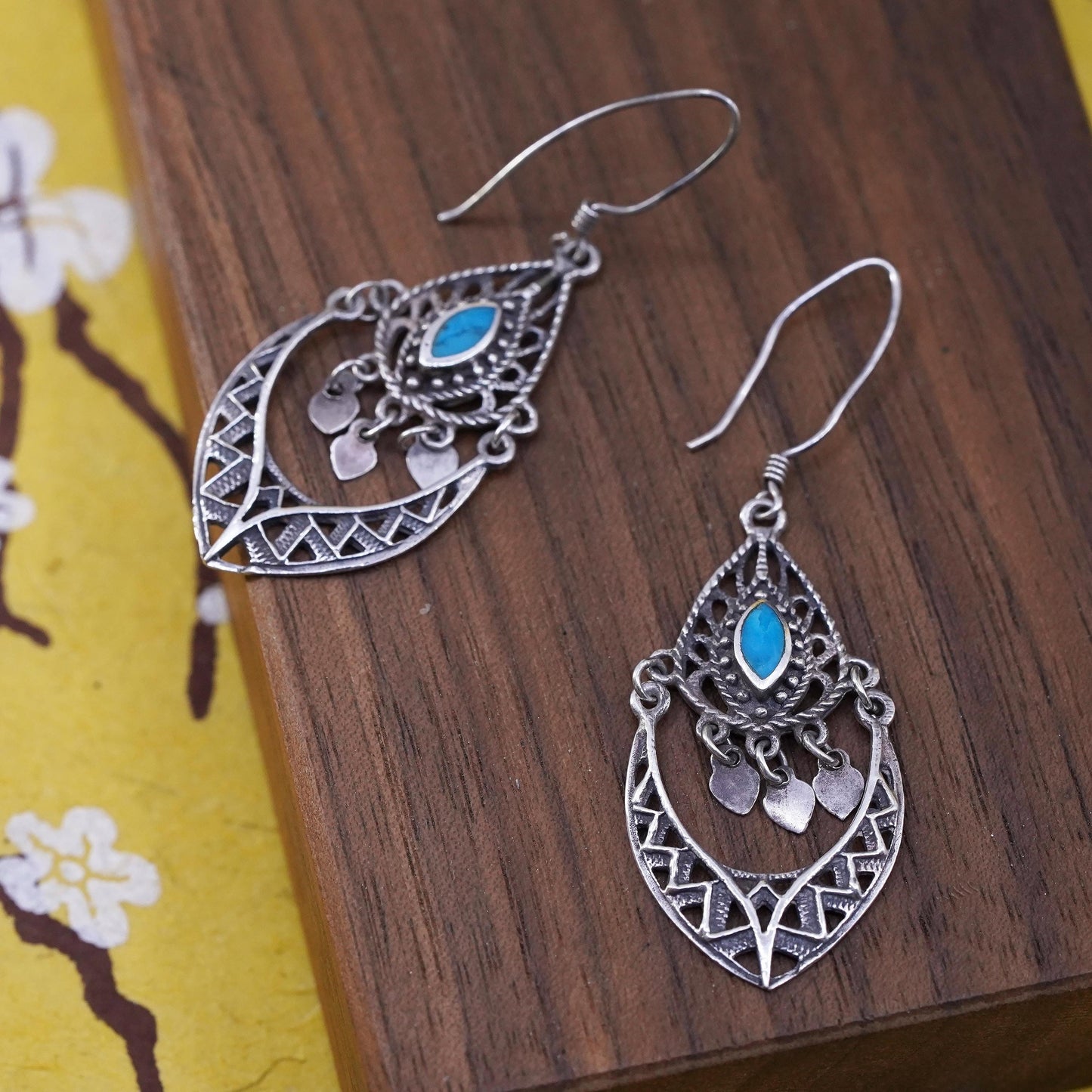 vtg southwestern Sterling 925 silver handmade filigree earrings with turquoise