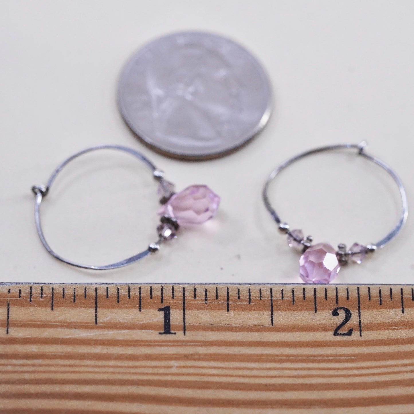 0.75", Vintage sterling 925 silver earrings, fashion hoops pink crystal beads