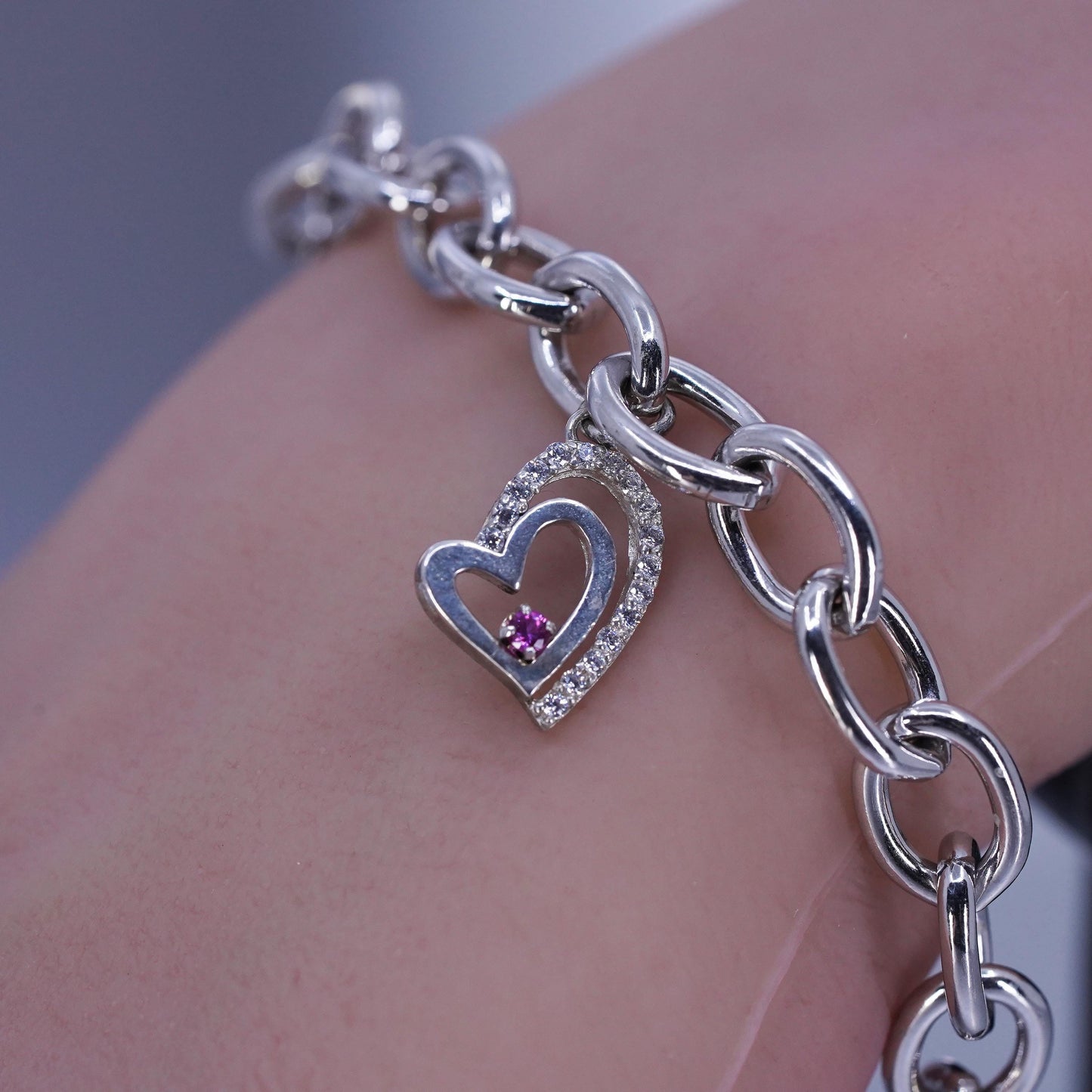 7.25”, Sterling silver bracelet, 925 bold oval chain with crystal heart charm