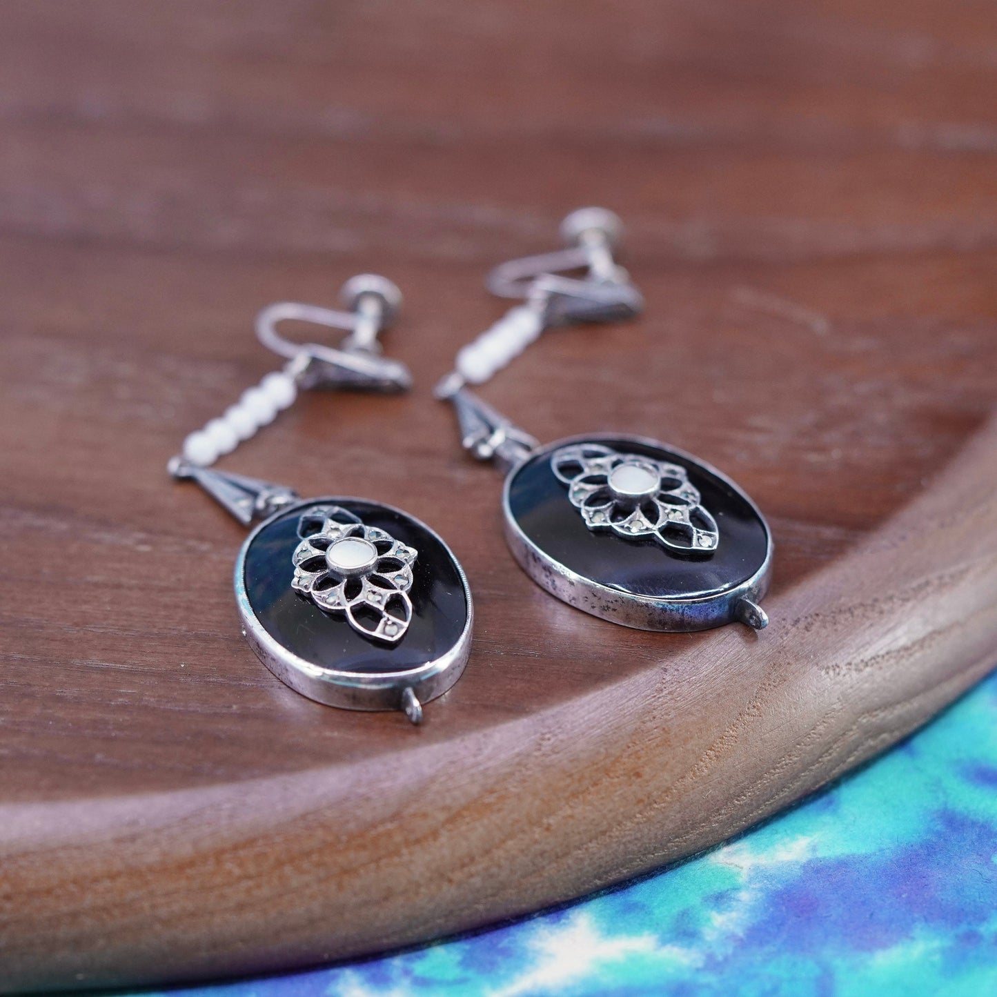Sterling silver 925 handmade screw back earrings oval black onyx and marcasite