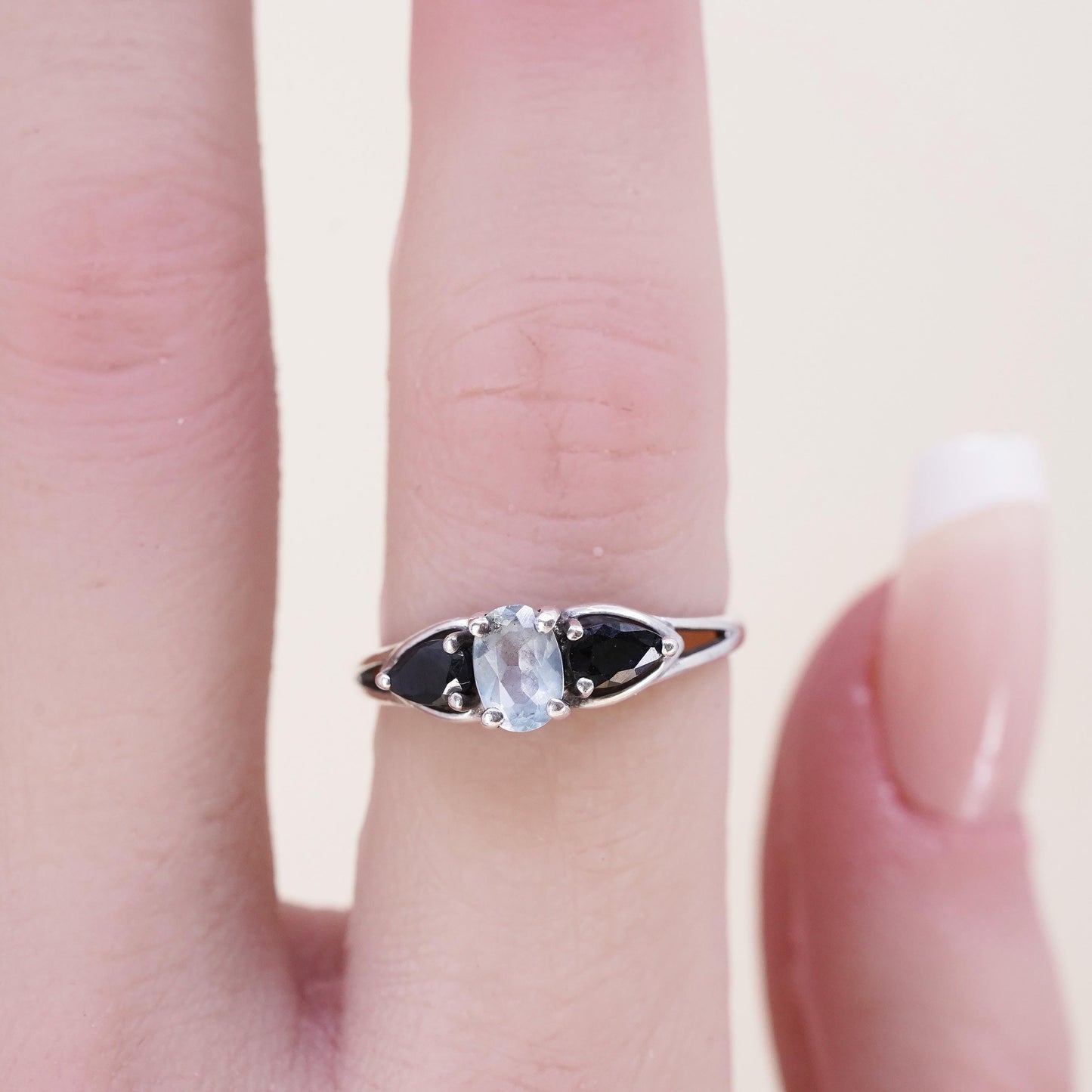 Size 6, vintage Sterling 925 silver engagement ring with crystal and sapphire