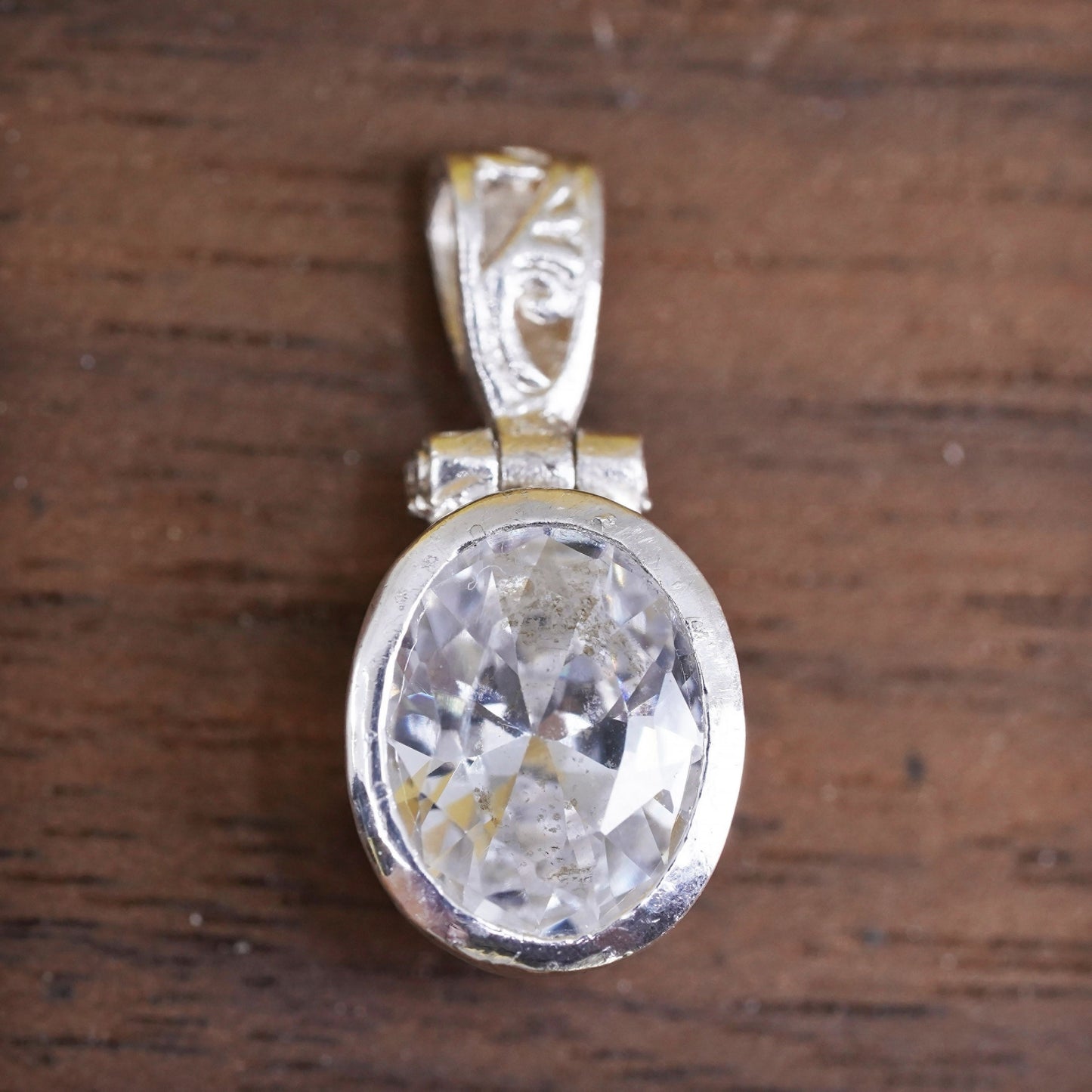 Vintage Sterling silver handmade pendant, 925 oval with Cz