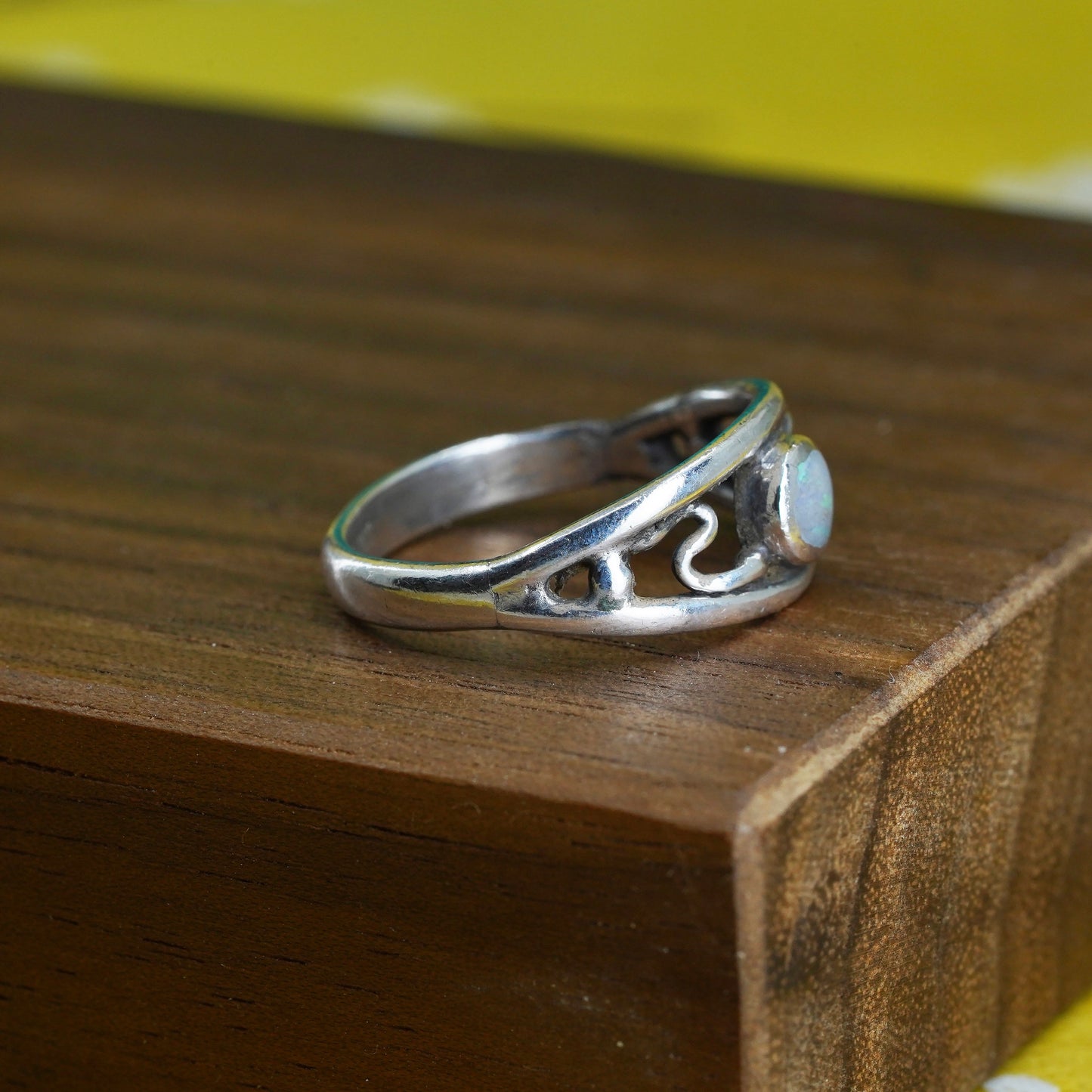 Size 6, vintage sterling silver handmade ring, 925 silver band with opal