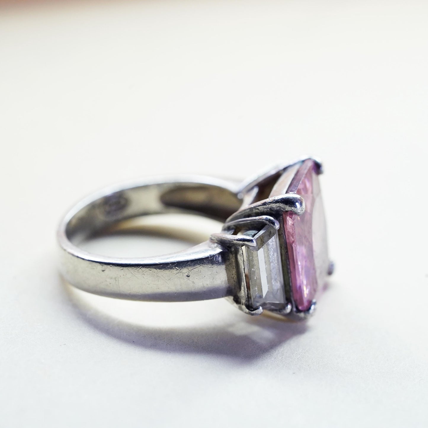 Size 8.25, Vintage Sterling 925 silver ring with square pink Quartz clear cz