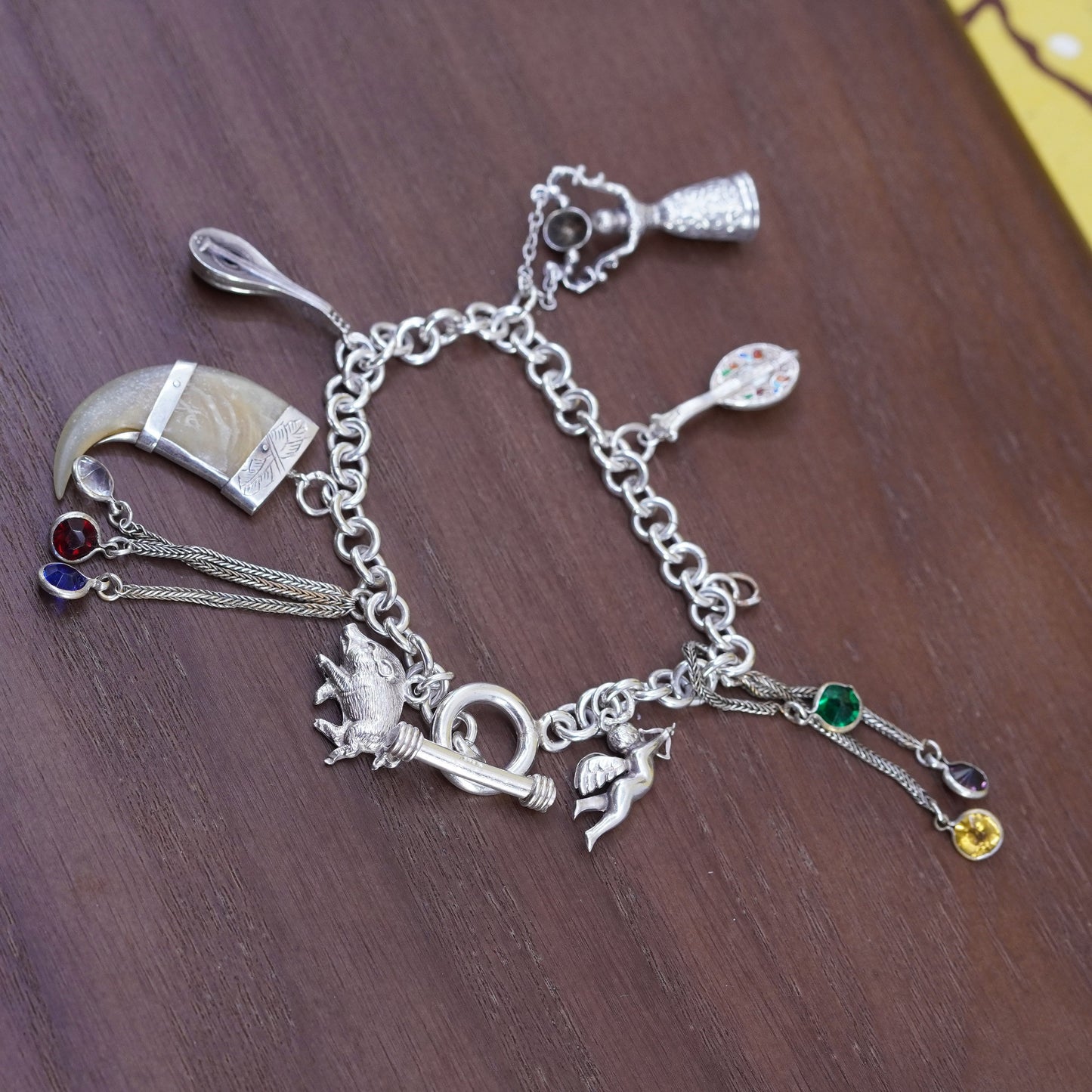 6” Sterling silver handmade bracelet, 925 circle chain with Angel pig 8 charms