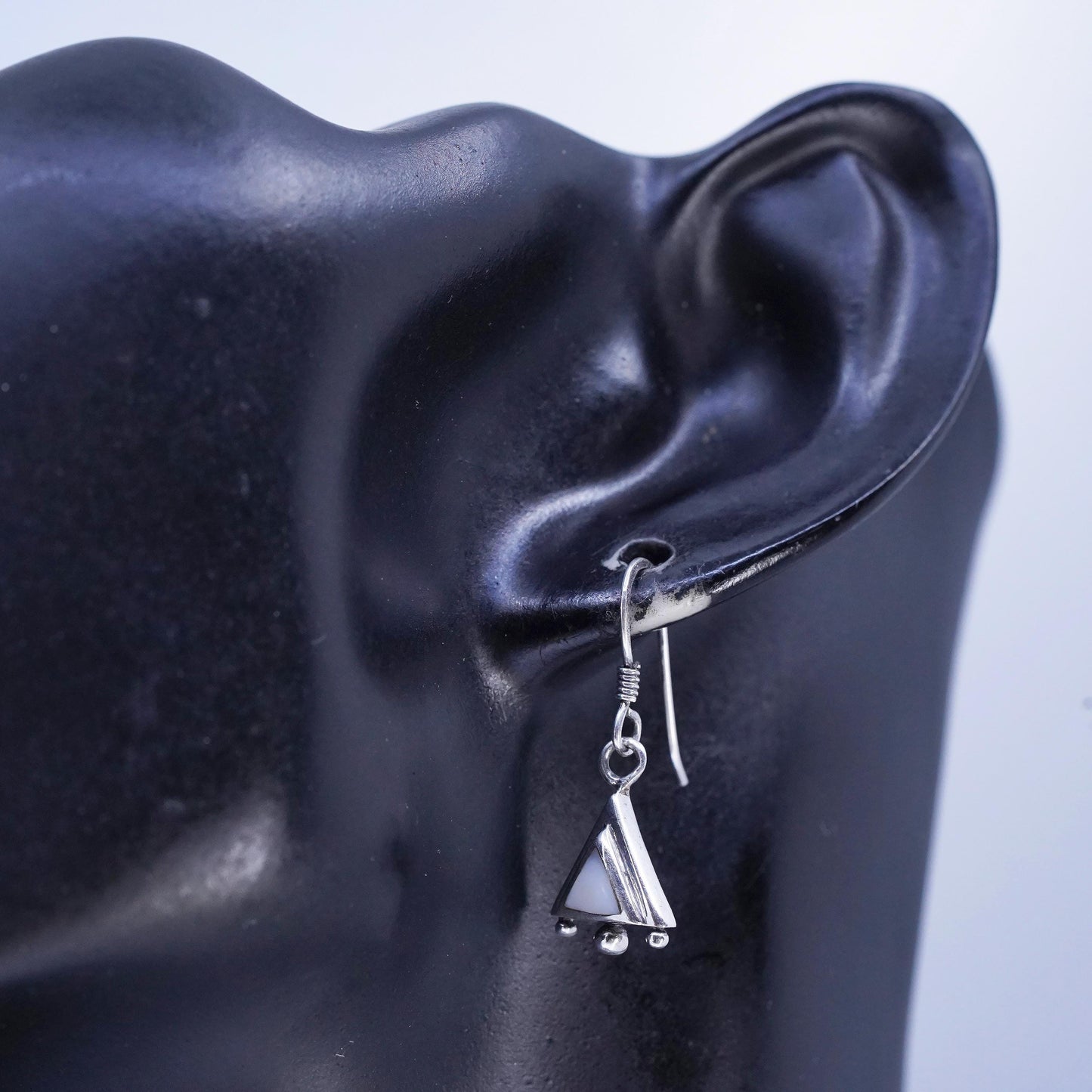 Vintage Sterling 925 silver handmade triangular earrings with mother of pearl