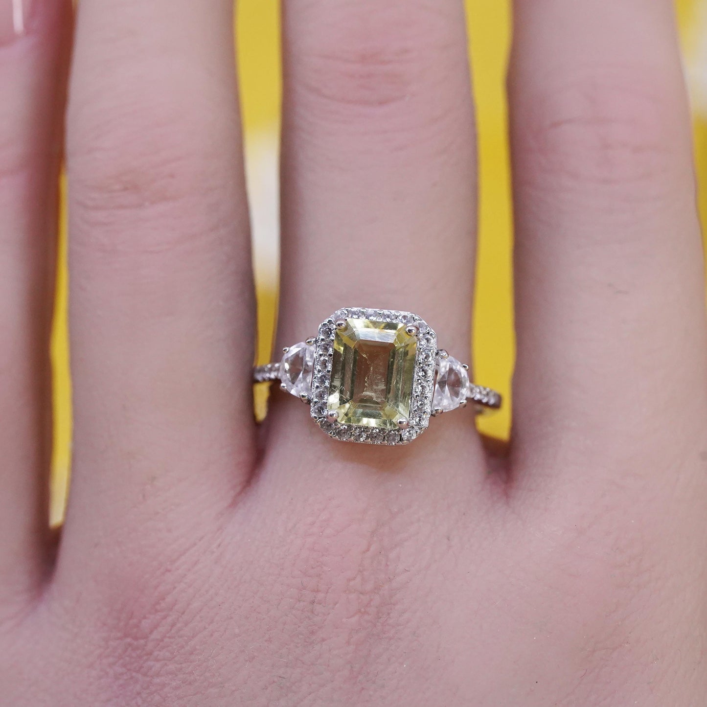 Size 9, vintage BBJ Sterling 925 silver ring with emerald cut citrine and cz