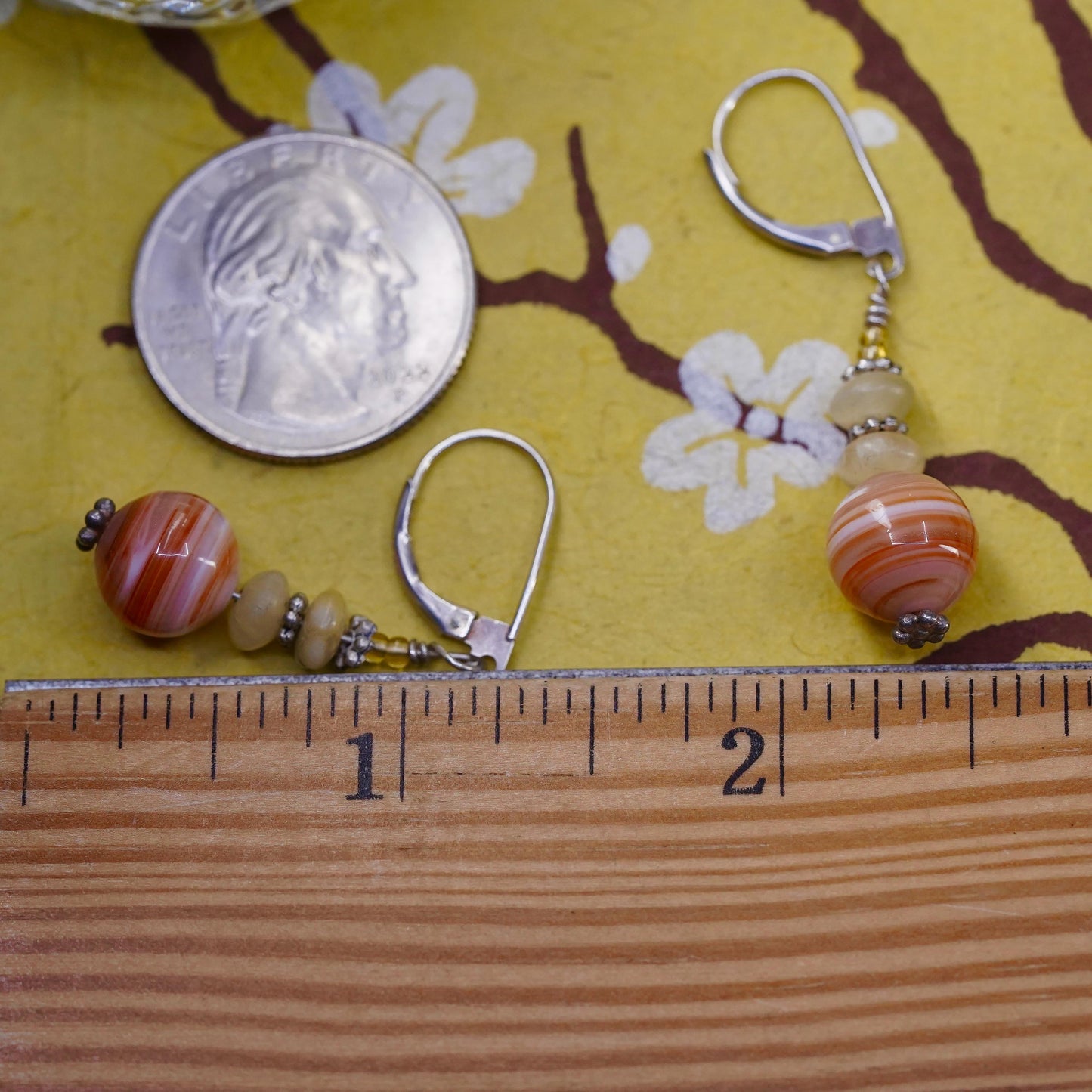VTG Sterling silver handmade earrings, 925 lever back hooks orange agate beads