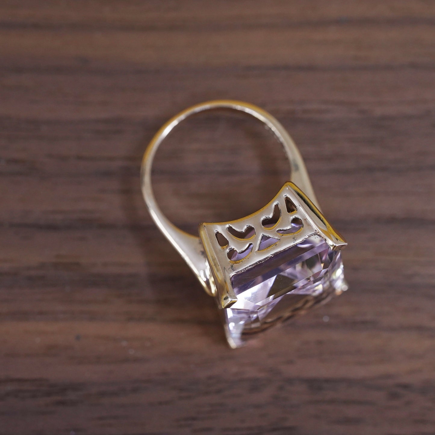 Size 6, Sterling silver cocktail ring, rose gold over 925 with amethyst crystal