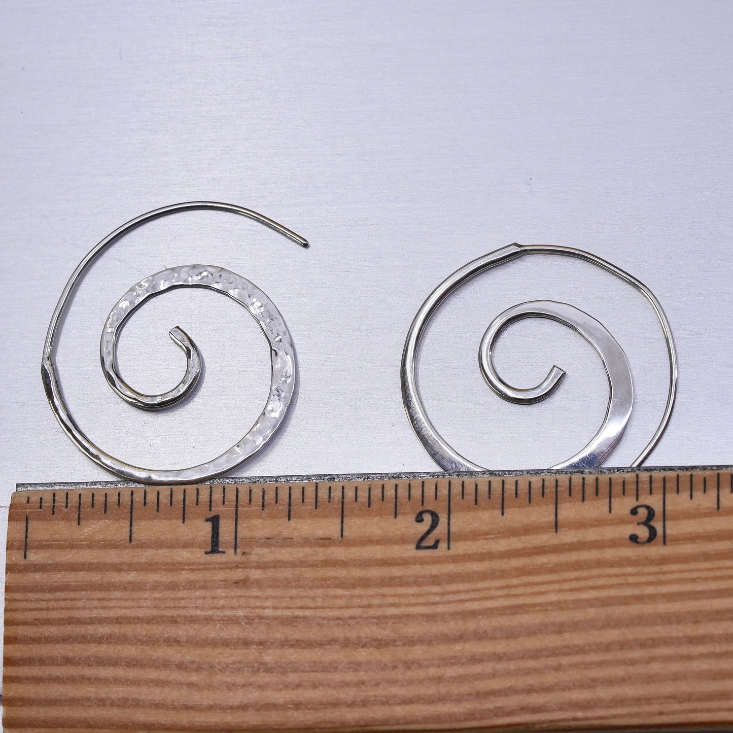 Mexican Sterling silver handmade earrings, 925 Hammered swirly sprial dangles