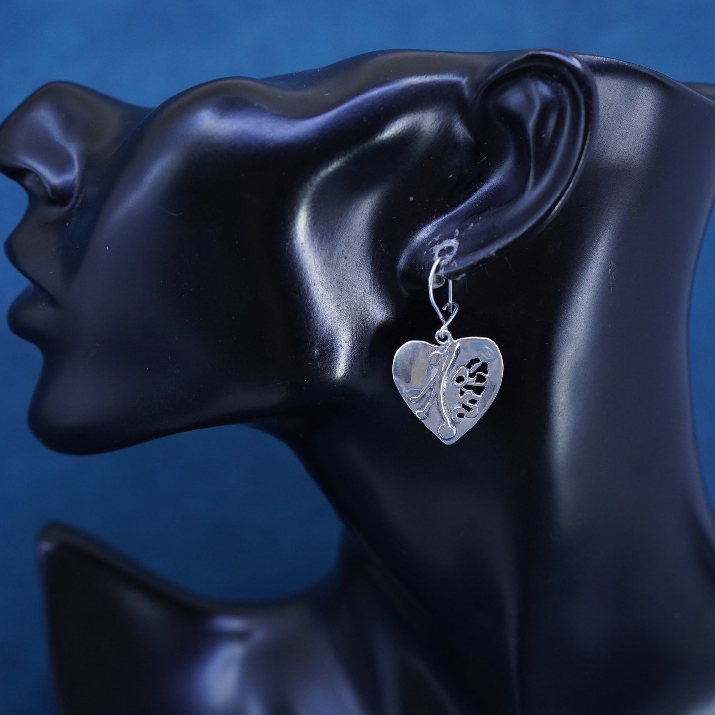Vintage Sterling silver handmade earrings, textured 925 heart drops