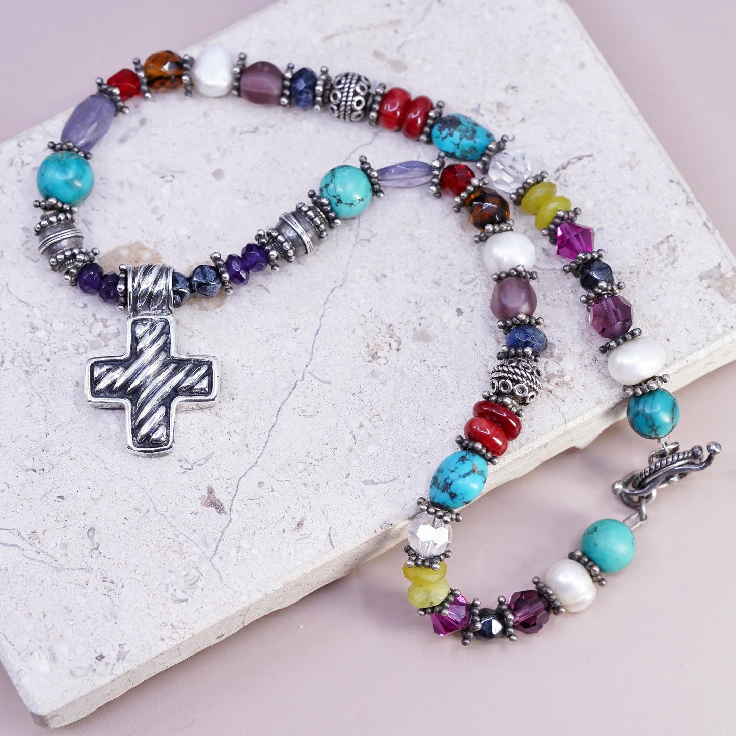 16", Sterling 925 silver Native American Navajo turquoise coral necklace cross