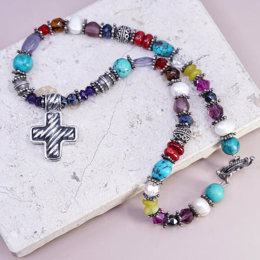16", Sterling 925 silver Native American Navajo turquoise coral necklace cross