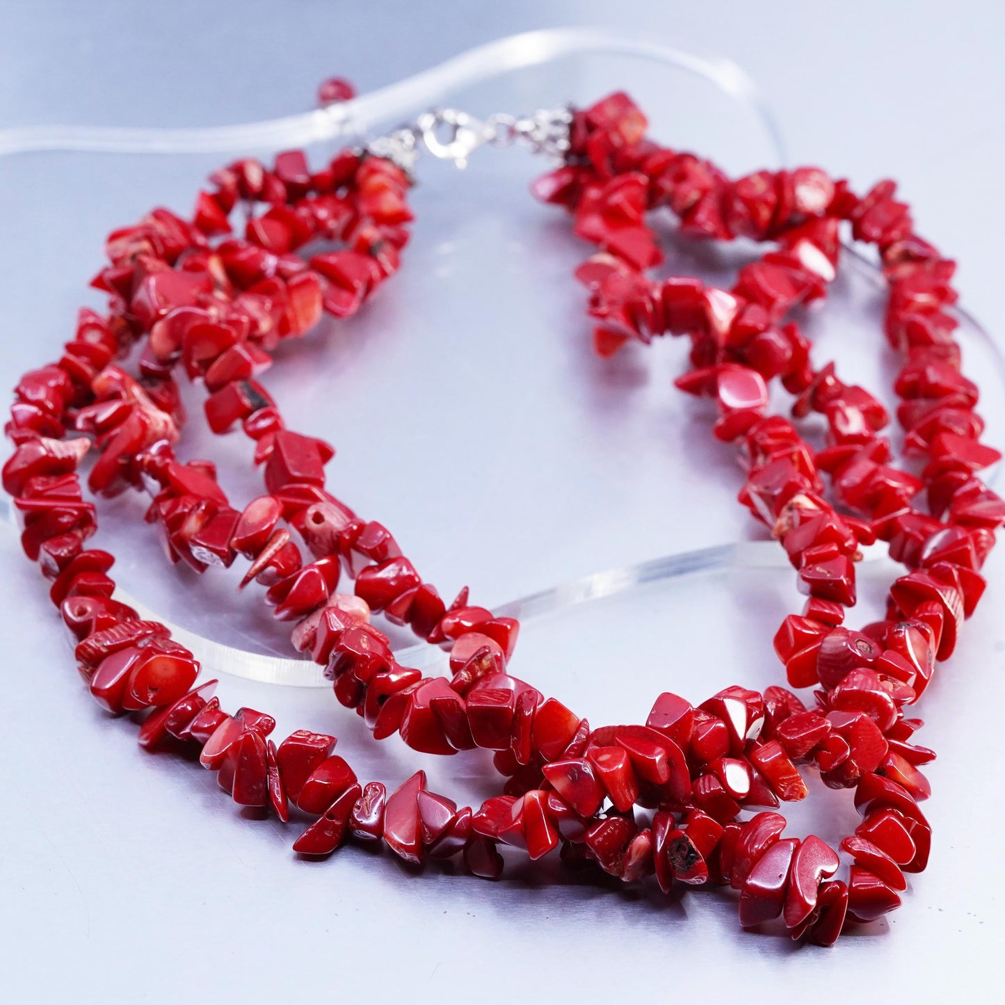 16+1", Native American multi strands necklace, Coral beads sterling 925 silver