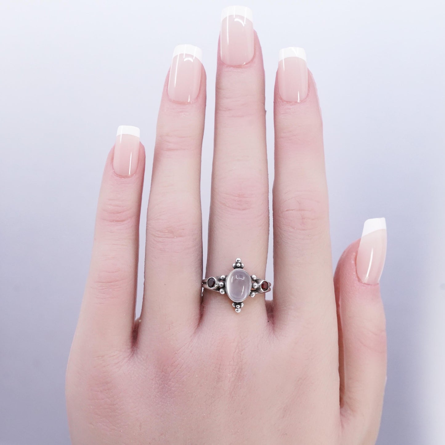 Size 7.5, vintage Sterling 925 silver handmade ring with moonstone and garnet