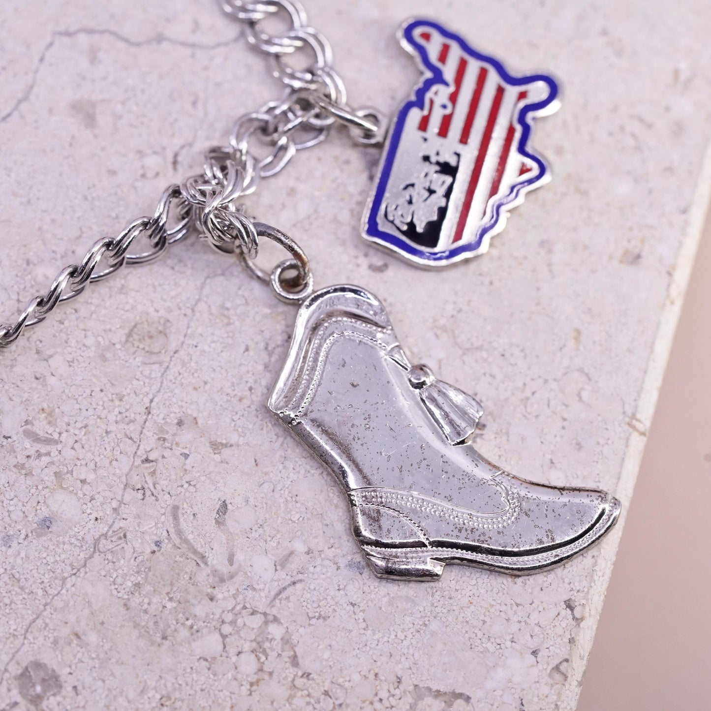 6.75”, vintage Sterling silver bracelet 925 double curb chain fish American map