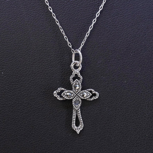 Vintage sterling silver 925 necklace, circle chain marcasites cross pendant