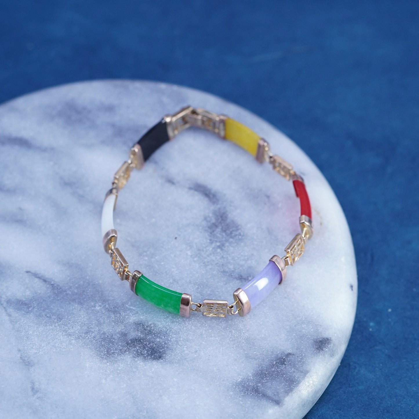 7.5”, yellow tone tennis bracelet with jade, carnelian, obsidian bar happiness