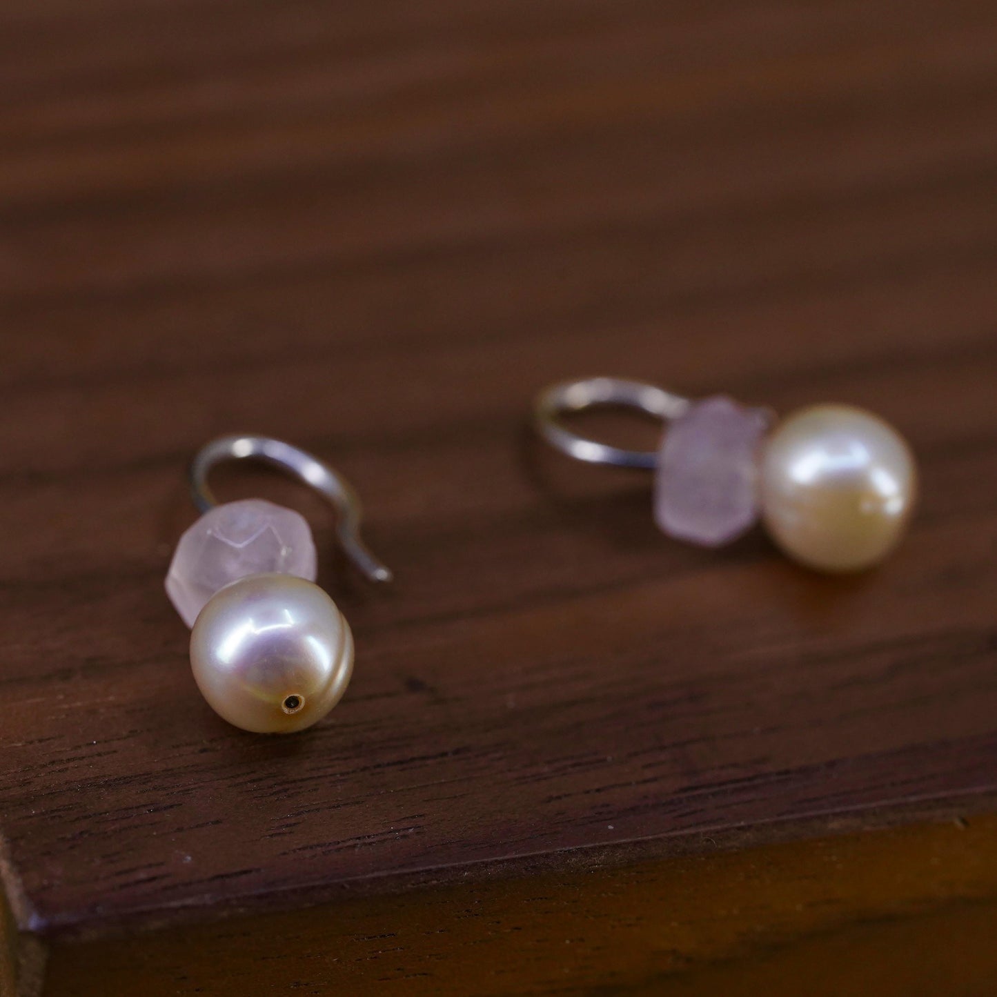 Vintage Sterling silver handmade earrings, 925 studs pearl pink quartz drops