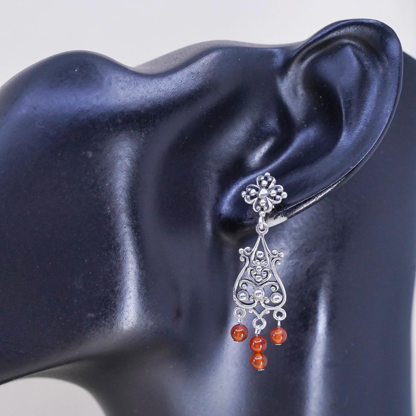 Vintage Sterling silver 925 handmade swirly filigree earrings carnelian beads