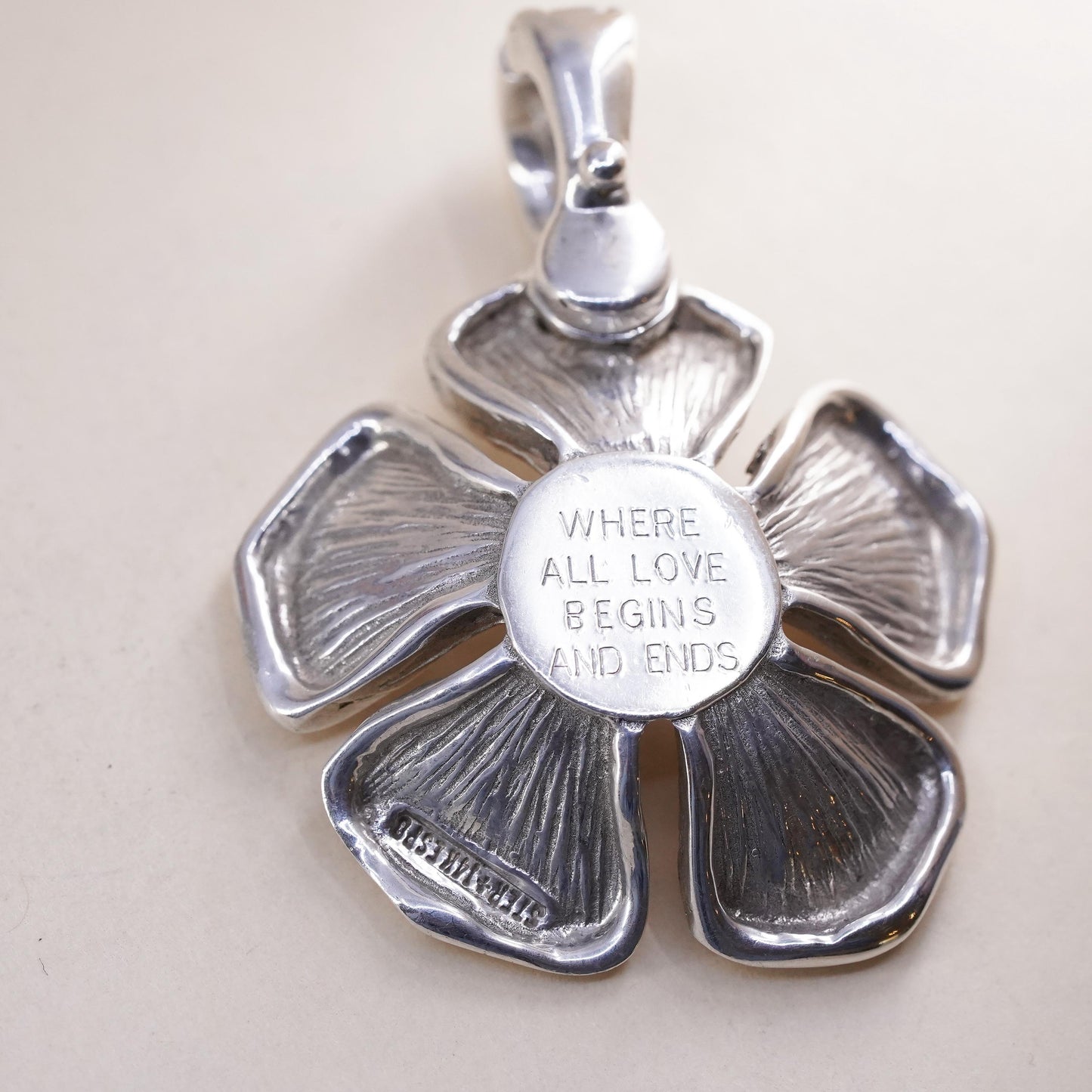 Vintage Signed 925 14K Espo Sig Where All Love Begins and Ends Flower Pendant