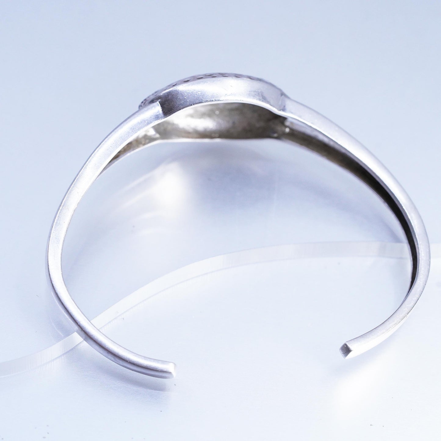 6.75" Vintage 925 Sterling Silver Black Diamonds Cuff Hammered Oval Open Bangle