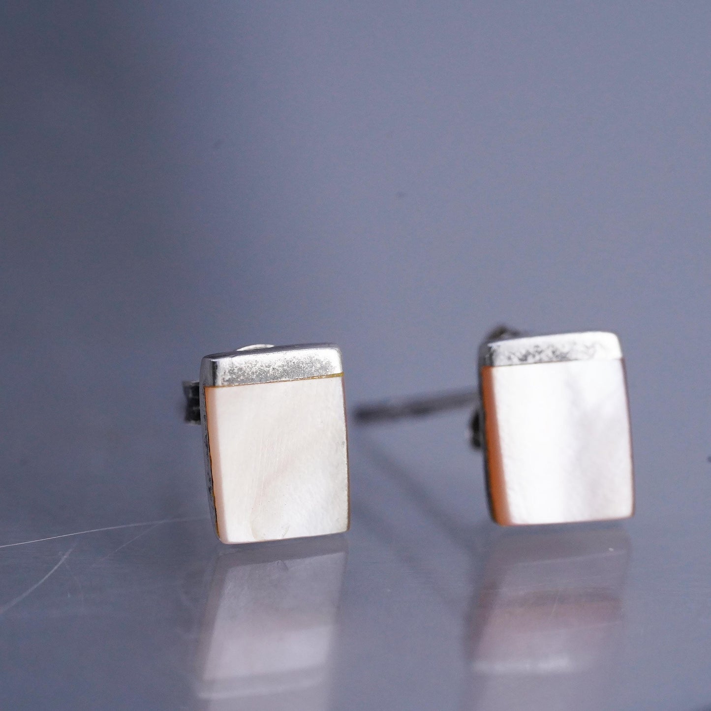 Vintage Sterling 925 silver handmade earrings rectangular studs mother of pearl