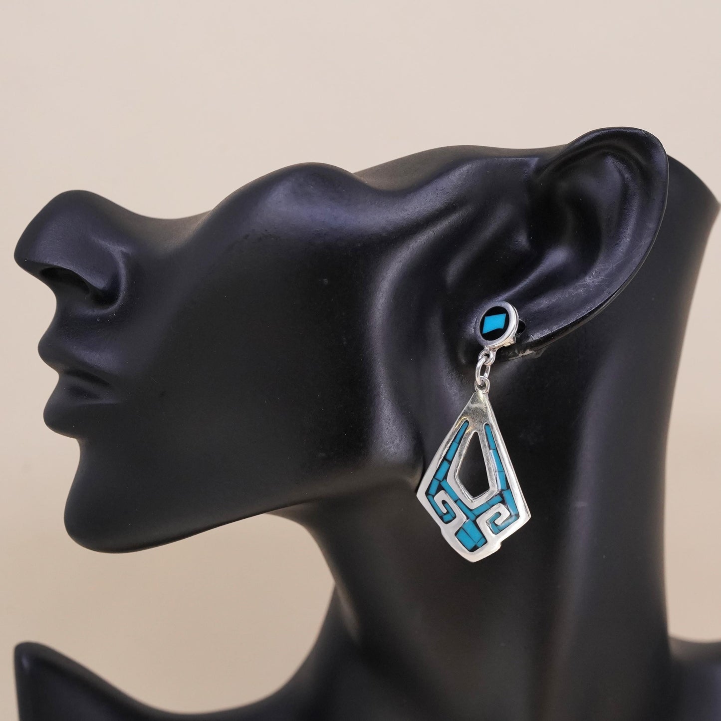 Vintage Mexican sterling 925 silver handmade single teardrop earring turquoise