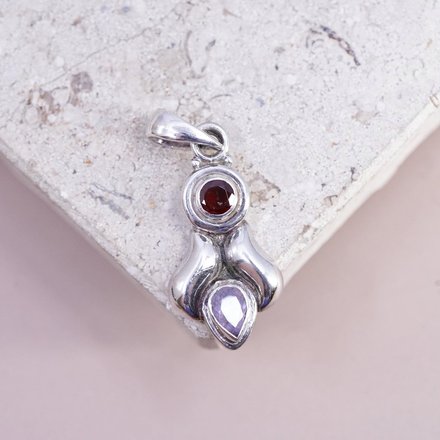 Vintage Sterling silver 925 handmade pendant with ruby and amethyst