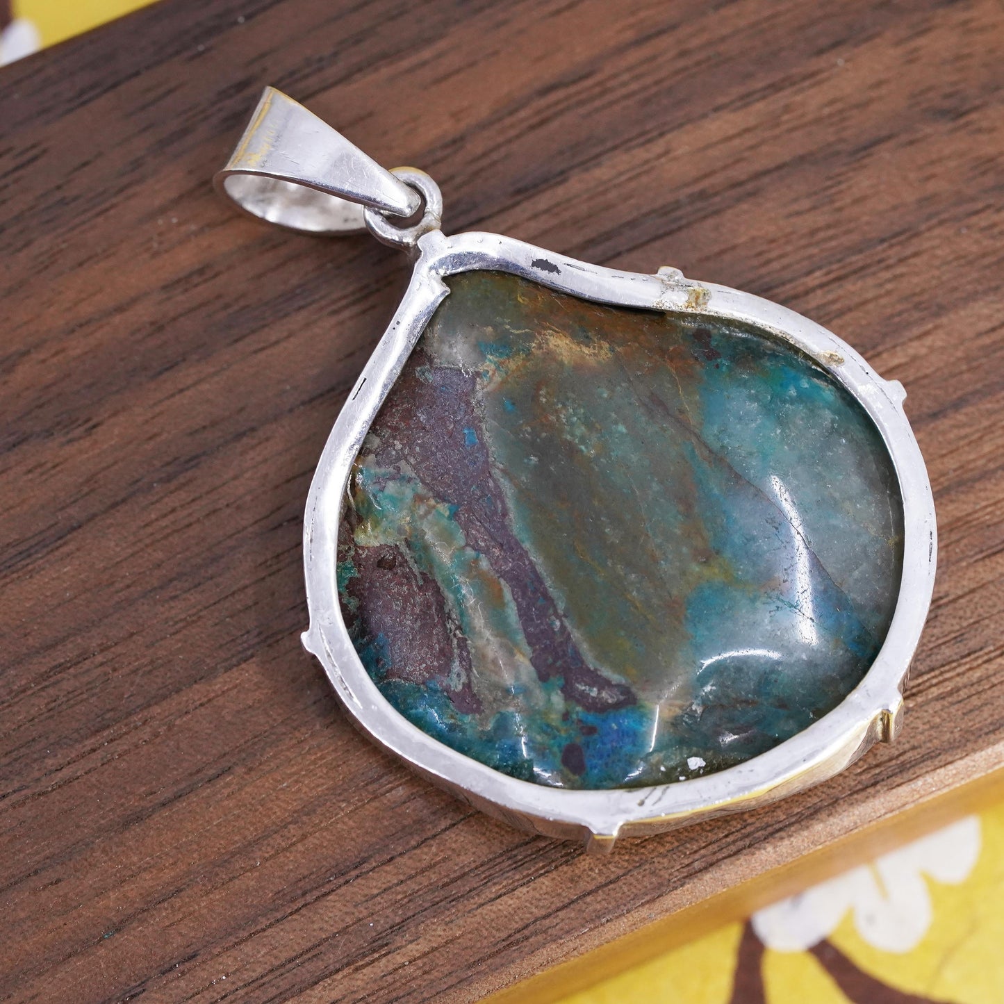 Vintage Sterling silver 925 handmade pendant with chrysocolla quartz