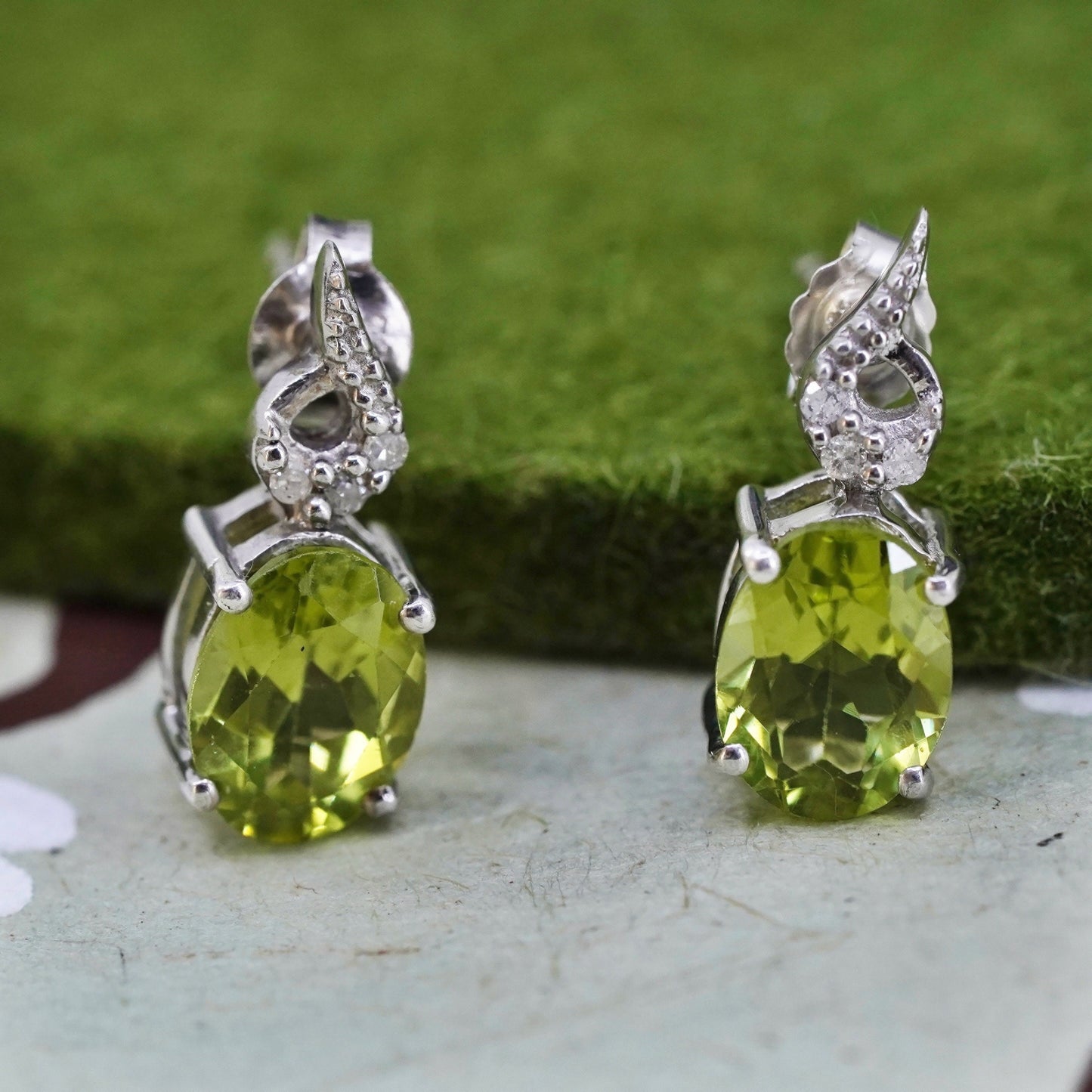Vintage sterling 925 silver earrings w/ peridot and diamonds, minimalist studs