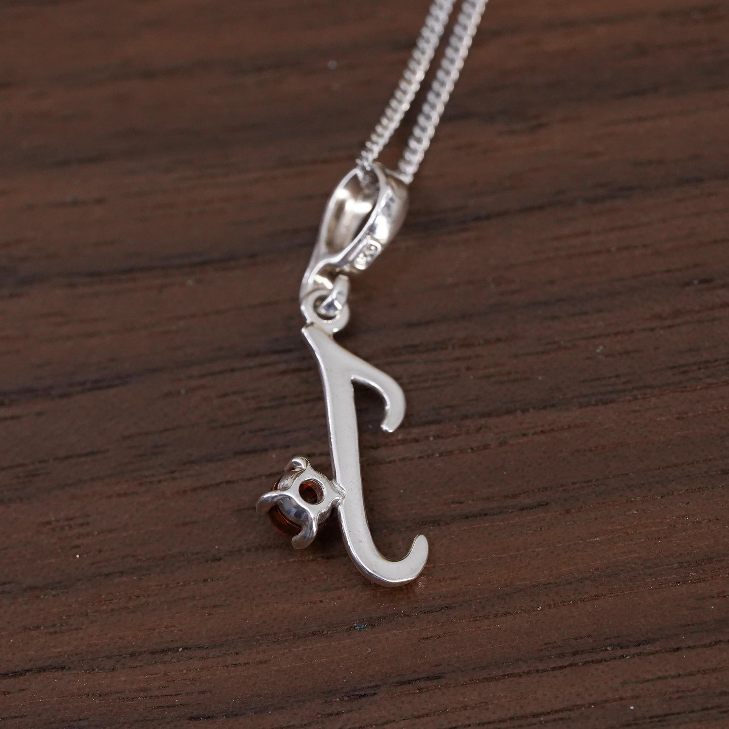 18” Vintage Sterling 925 silver curb necklace with letter J pendant amber bead