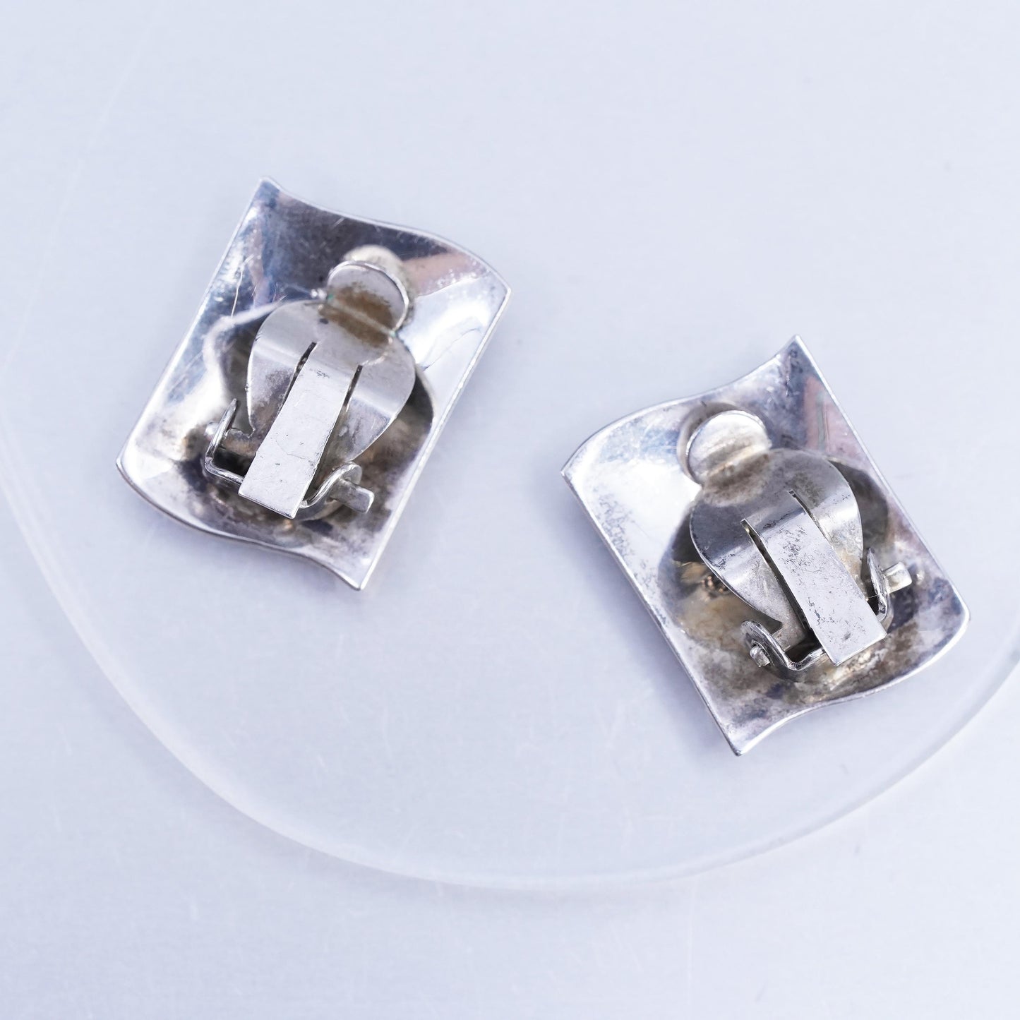 Vintage Siam sterling silver clip on earrings, 925 rectangular earrings, niello