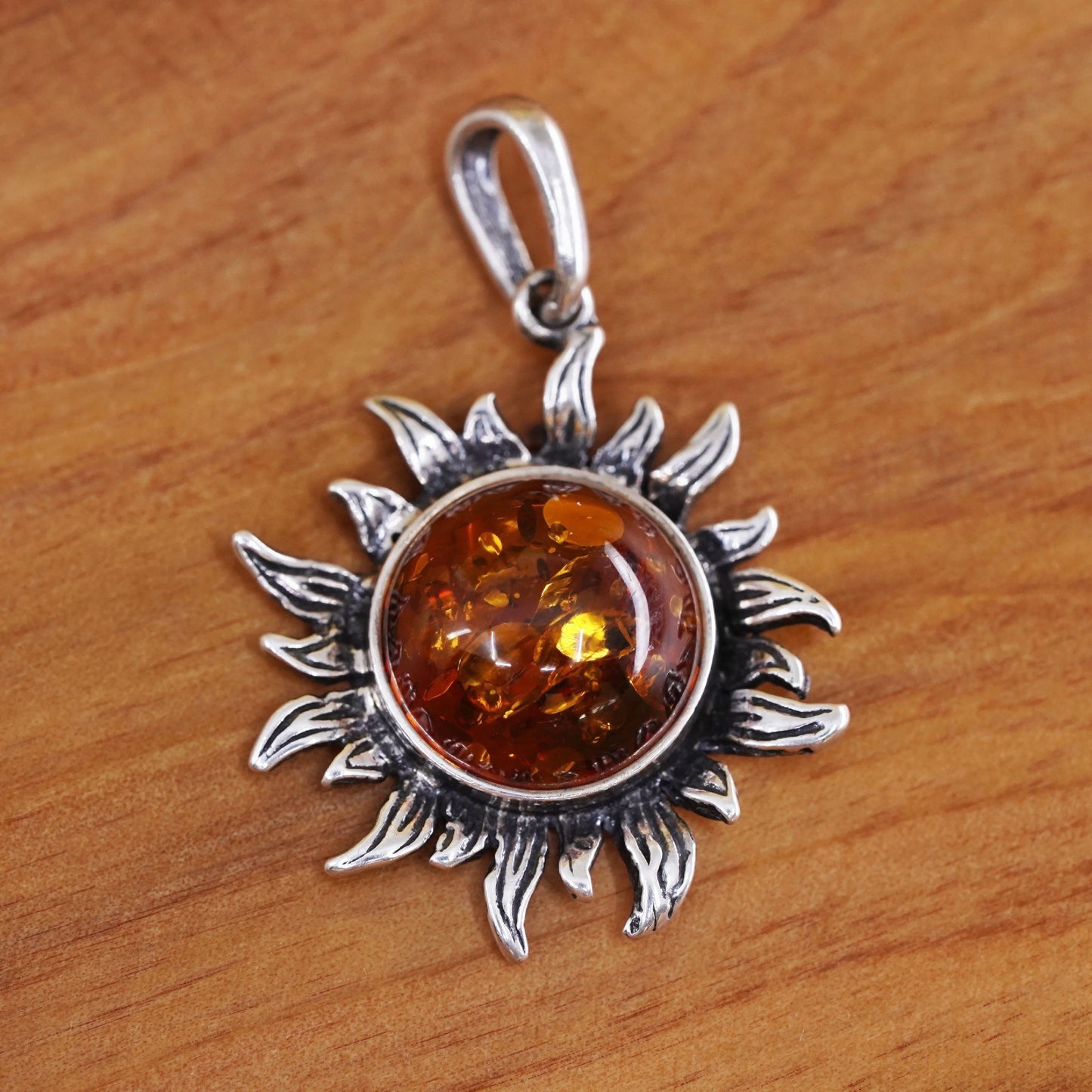 Vintage Sterling 925 silver handmade Sun pendant with Amber