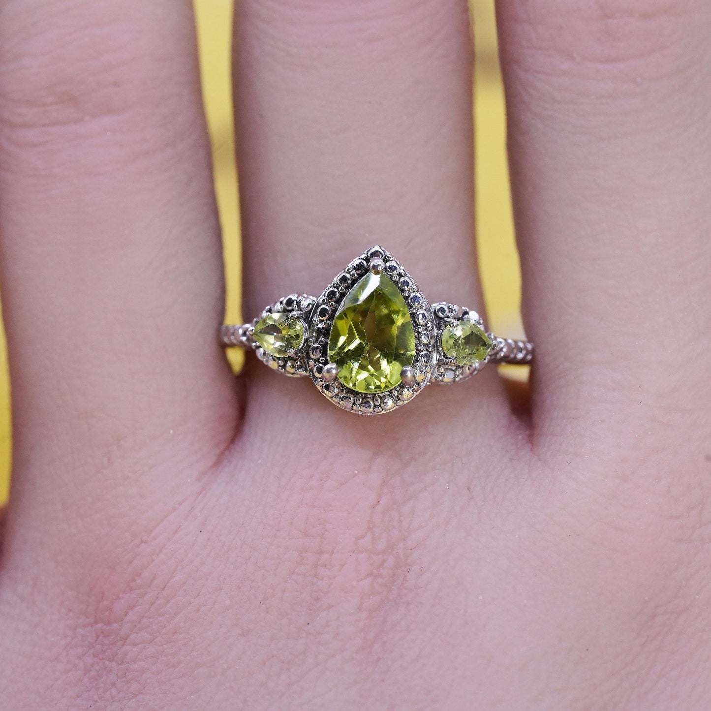 Size 9.5, vintage Sterling 925 silver ring teardrop peridot cluster diamond