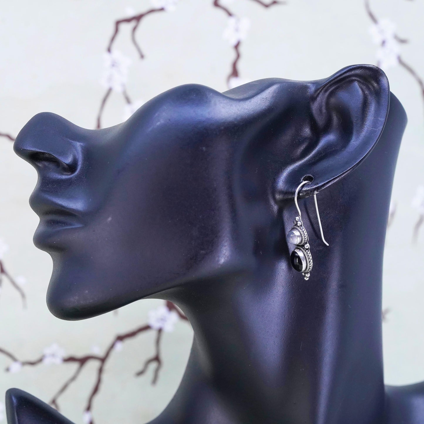 Vintage sterling 925 silver handmade earrings with onyx and tiger eye