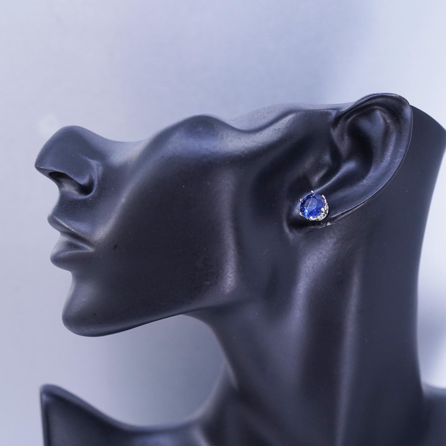 Vintage Sterling 925 silver handmade earrings, studs with sapphire cz