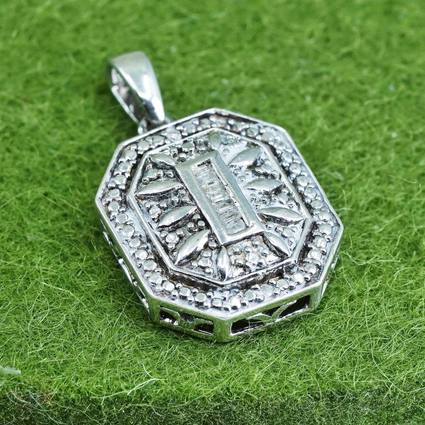 vintage Sterling silver Pendant, 925 rectangular with real diamond