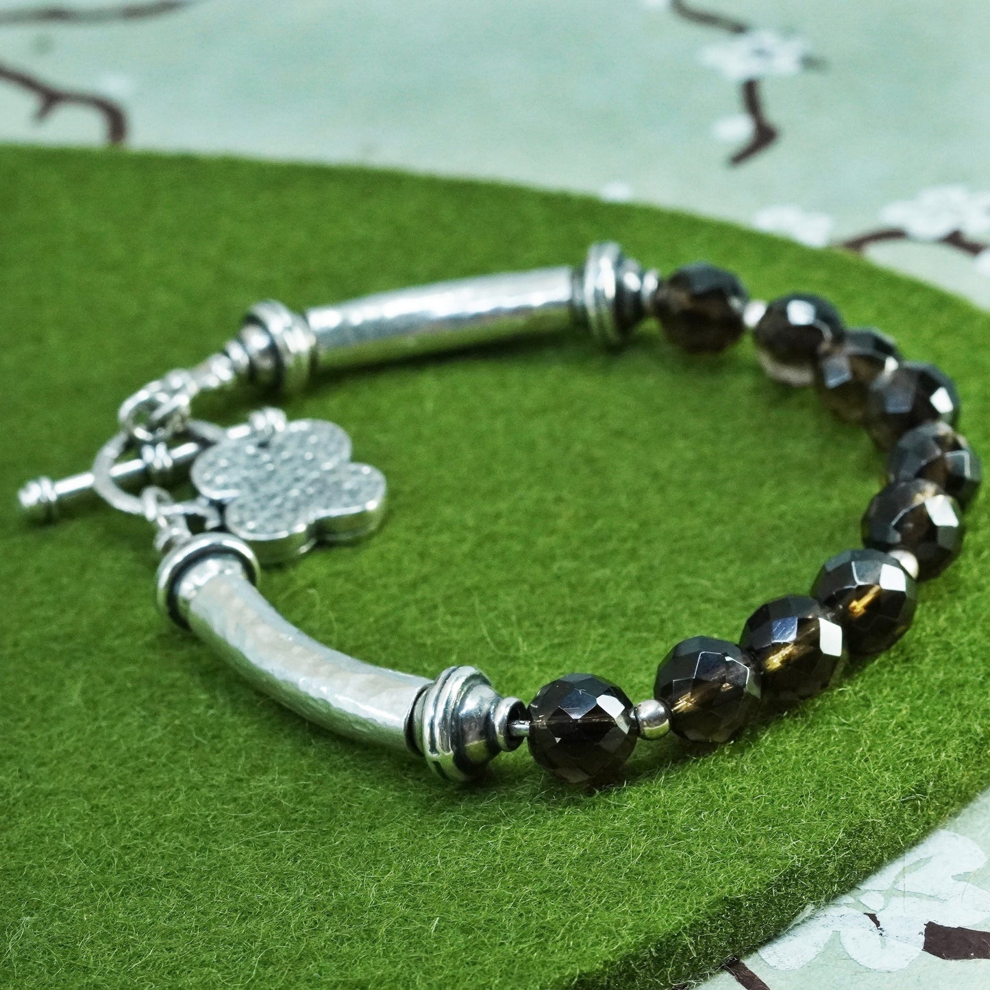 7.25”, Sterling silver handmade bracelet, 925 bar flower charm crystal beads