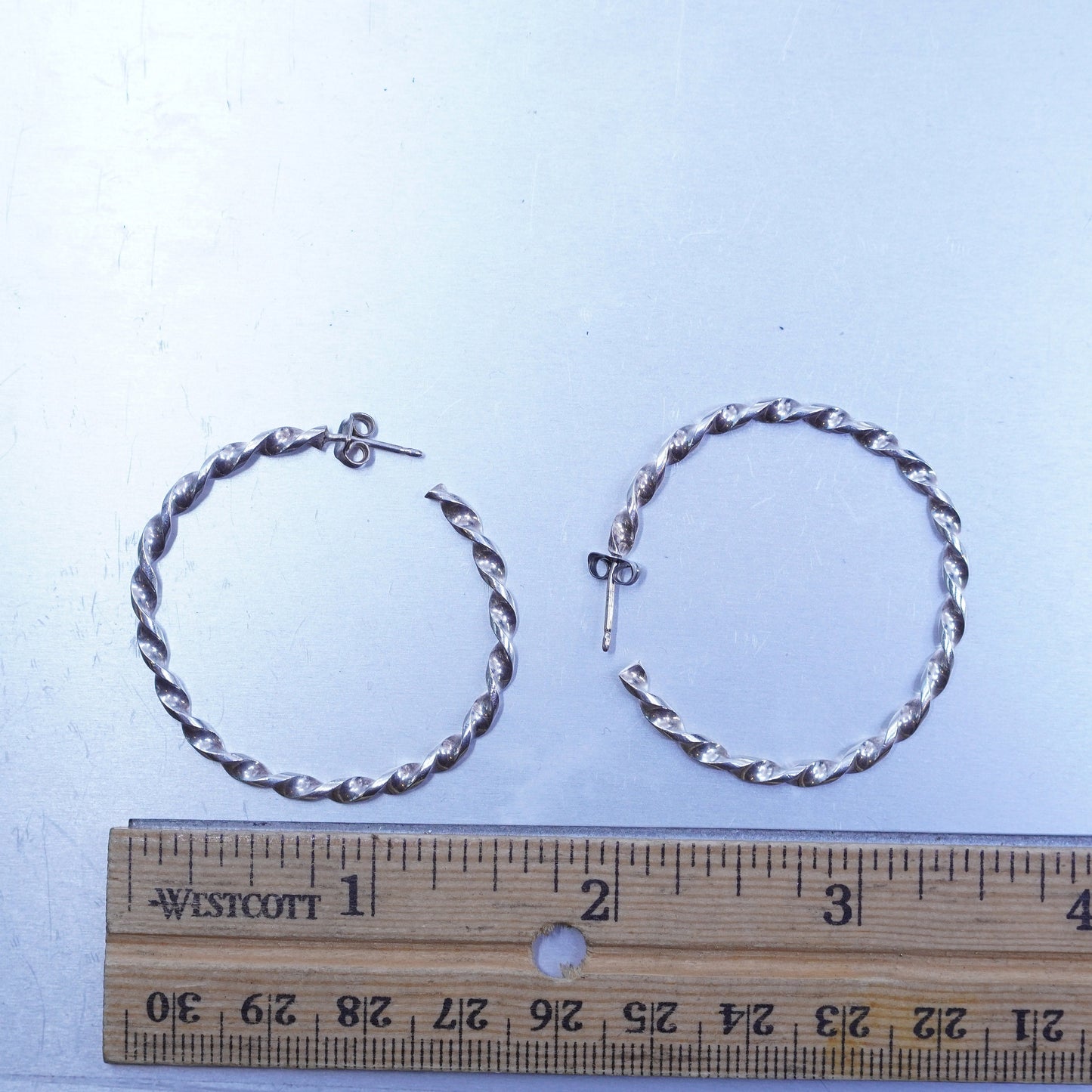 1.75”, vintage Sterling silver handmade earrings, 925 twisted hoops