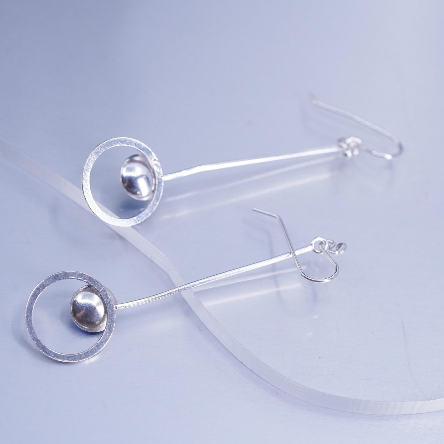 Vintage Sterling 925 silver handmade long circle earrings with blue crystal