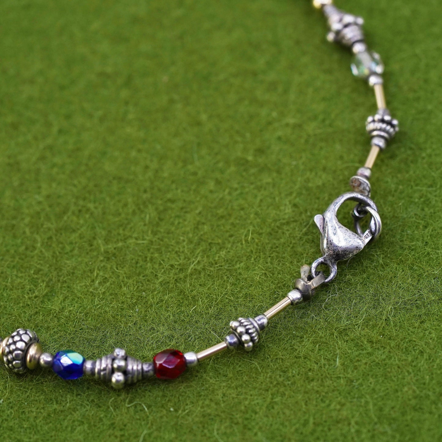 9.5", Italy Sterling 925 silver bracelet anklet with colorful crystal beads